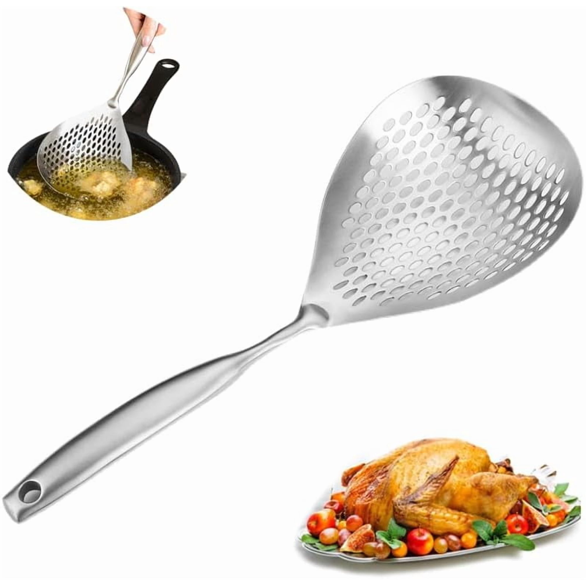 ABPETE Stainless Steel Skimmer Slotted Spoon, 15 Inch Spider Strainer Ladle with Large Draining Holes for Deep Frying, Pasta, Dumplings, Vegetables and Cooking