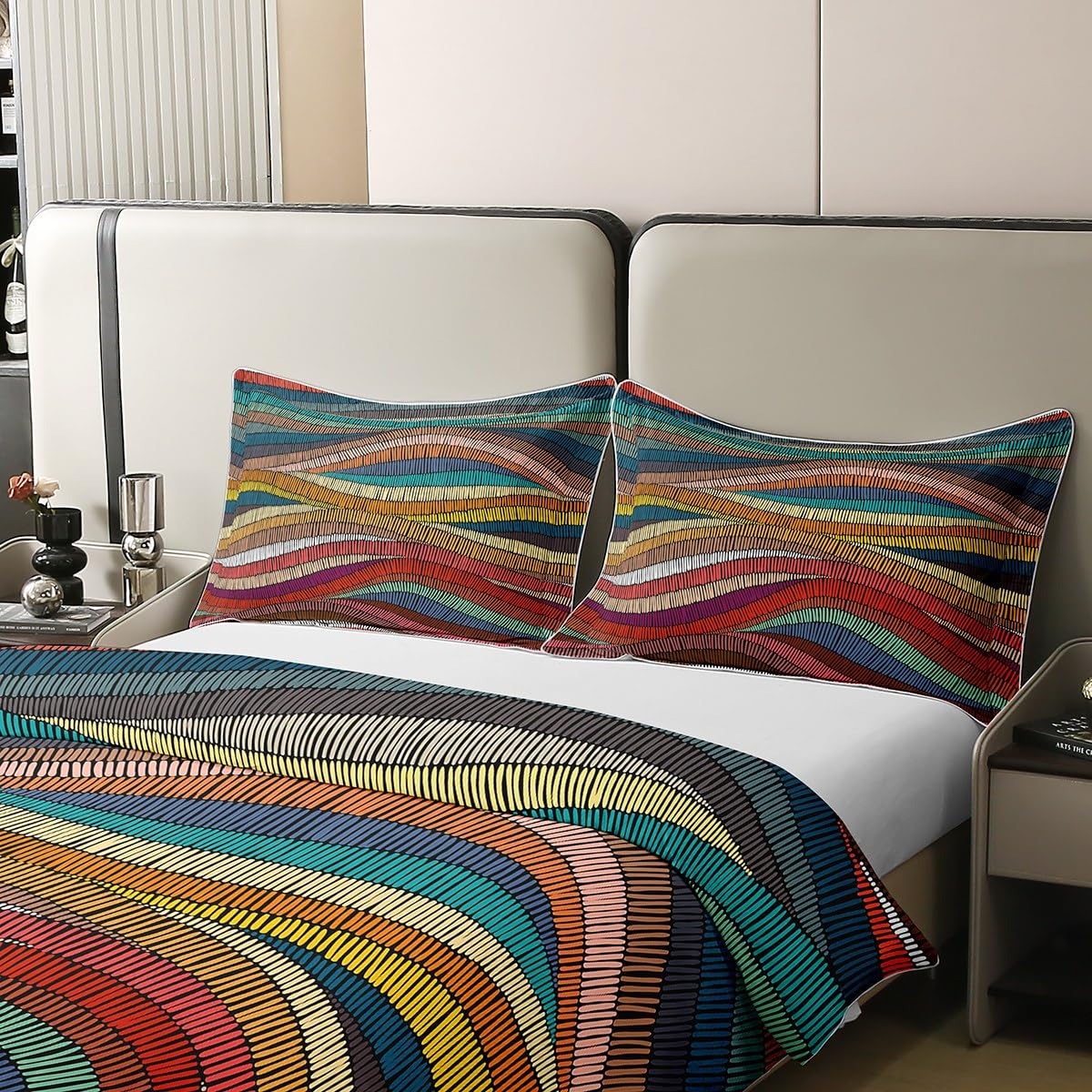 100% Cotton Boho Duvet Cover King Bohemian Wavy Bedding Set Rainbow Embroidered Waves Comforter Cover Geometric Tribal Ethnic Bedroom Decor Colorful Abstract Quilt Cover for Adult - image 4 of 6