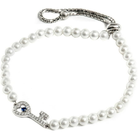 Pori Jewelers Freshwater Pearl and CZ Sterling Silver Key Friendship Bolo Adjustable Bracelet