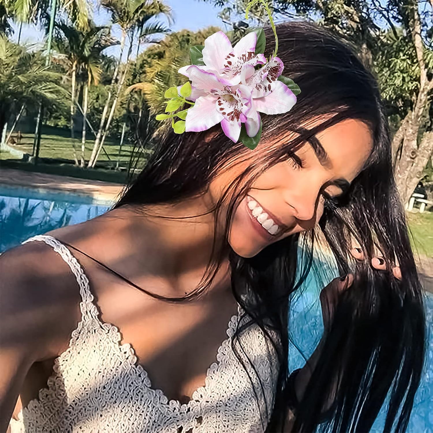 Hawaiian Flower Hair Accessories - 3 Pieces Artificial Tropical Flower Hair Pins, Large Hair Pieces for Women (White, Pink, Purple)