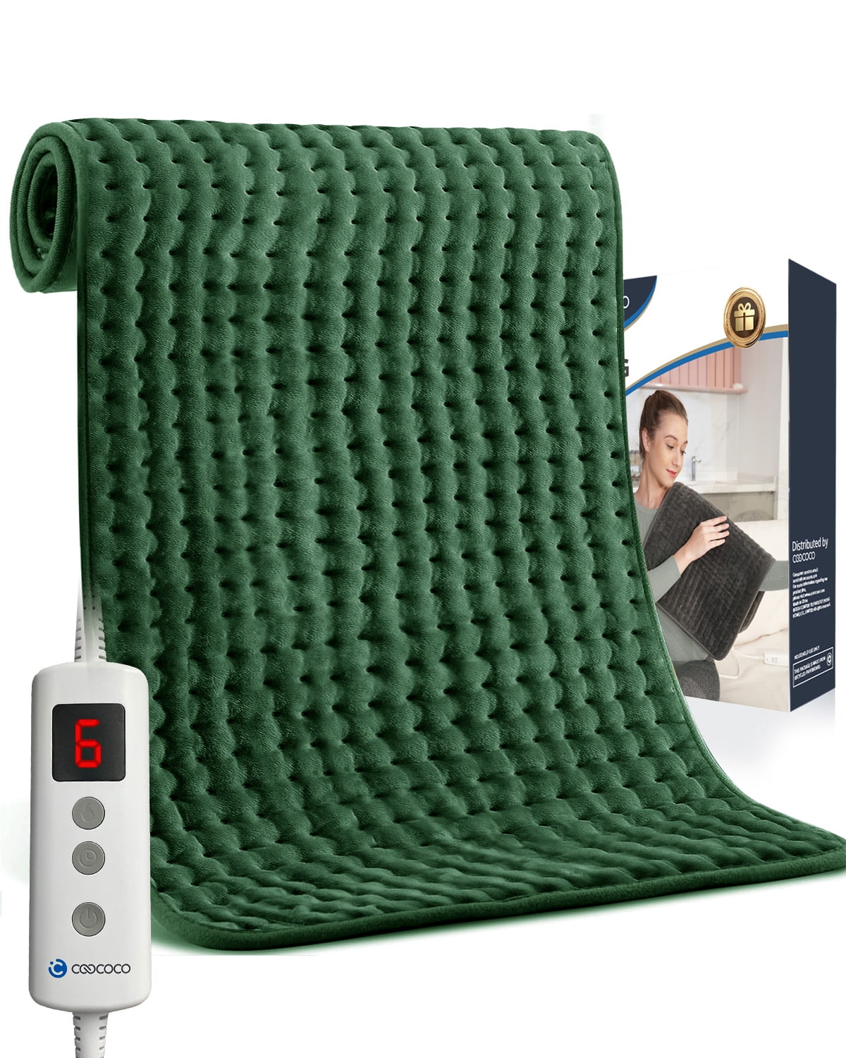 Coococo 33"x18" Large Electric Heating Pad for Back Neck Shoulders Muscle Pain, Cramps Relief with Auto Shut off, 3 Timer, 6 Temp Controller, Gifts