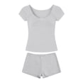 thumbnail image 5 of Women's Lace Trim Square Neck Knit Short Sleeve Top Shorts Set,Bow Detail Two-Piece Loungewear Pajama Set,Soft Lightweight Casual Sleepwear for Women Gray L, 5 of 5