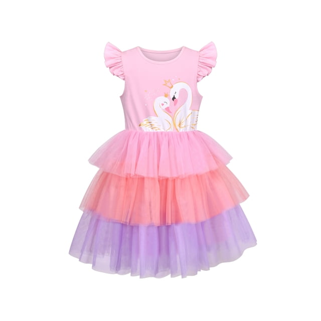 Girls Dress Pink Gradient Swan Flying Sleeve Tulle Party Princess 5 Years