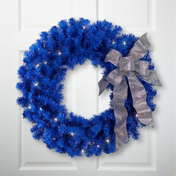 Northlight Pre-Lit Artificial Pine Christmas Wreath - 24" - Royal Blue - Clear Lights