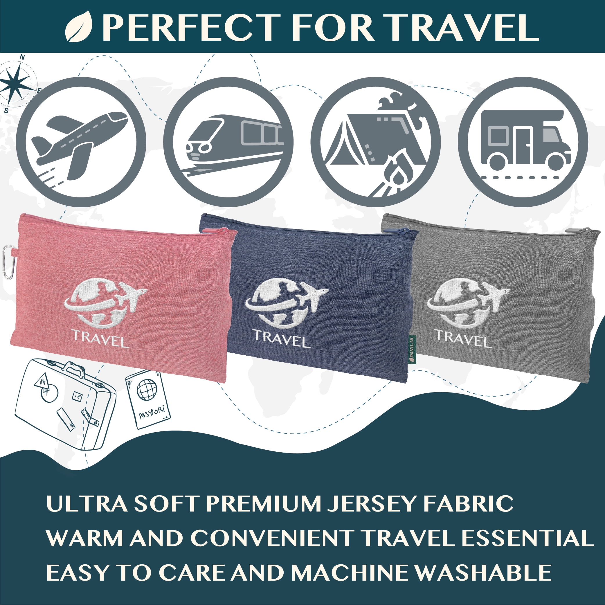 PAVILIA Soft Compact Travel Blanket and Pillow, Foldable Airplane Blanket in Bag, Lightweight Portable Flight Blanket Set with Luggage Strap, Camping Plane Car Home Office Gift Accessories, Navy Blue