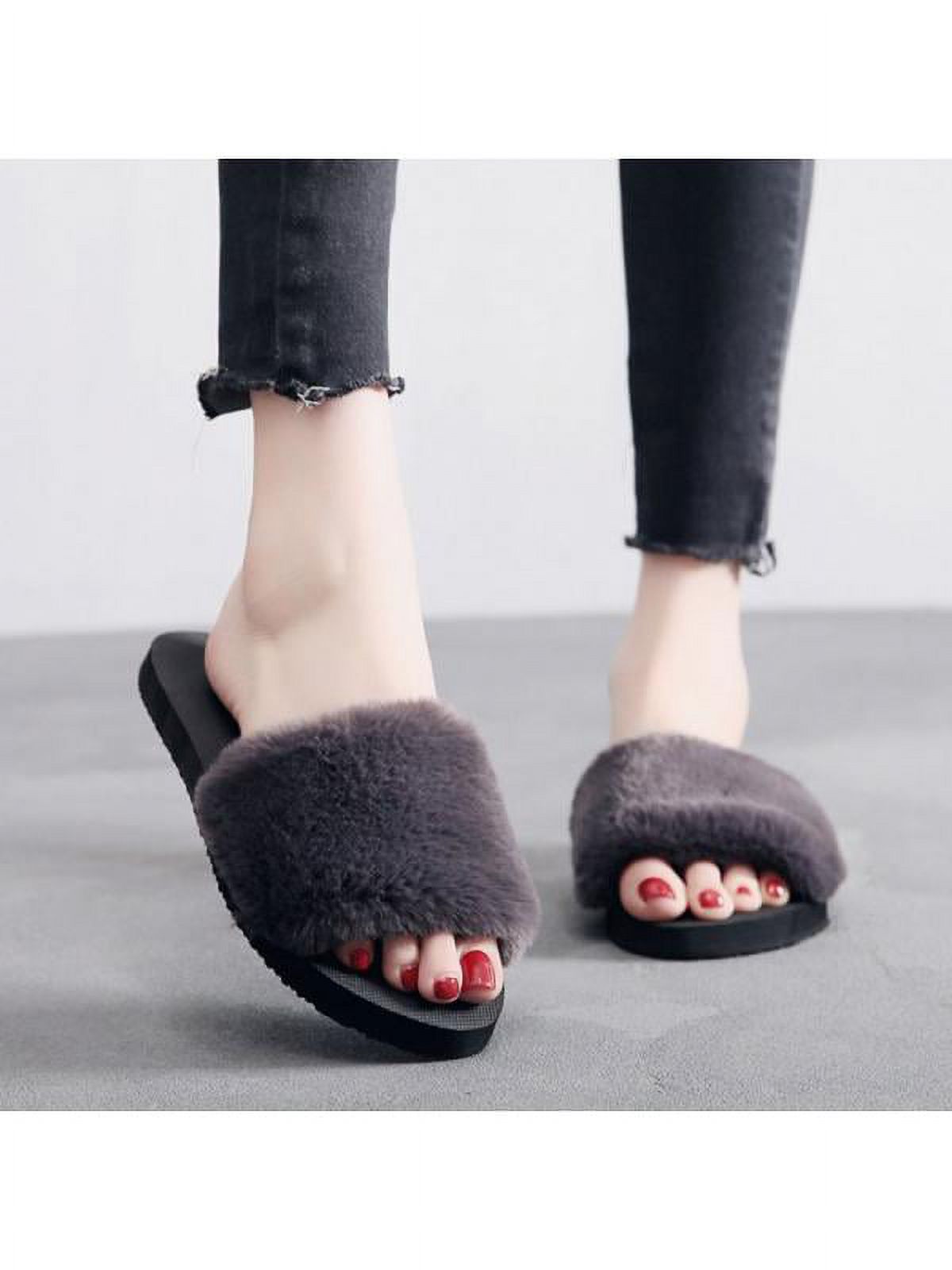 Ropalia Womens Winter Fur Solid Color Slippers Home Anti-Slip Warm Cotton Trailer Shoes Ladies Casual Shoes - image 2 of 3