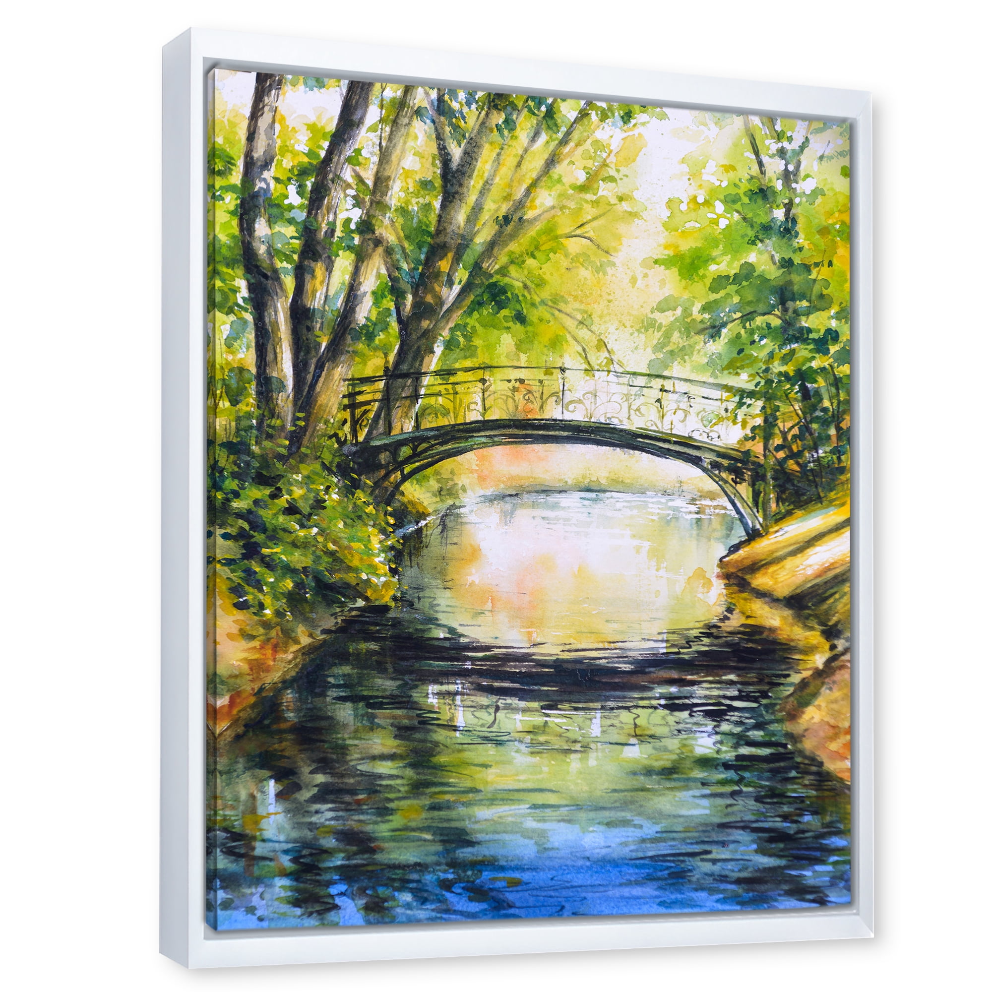 Designart 'Forest Park With Bridge Over Troubled Water' Lake House Framed Canvas Wall Art Print