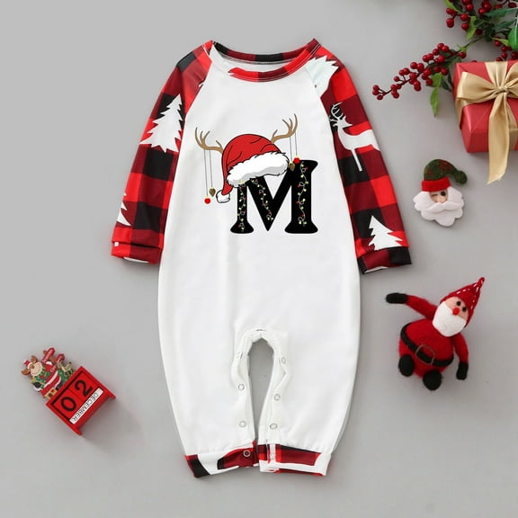 FAOWME Matching Family Christmas Pajamas Romper Long Sleeve Round Neck Printed Button Down Festival Party Holiday Warm Sleepwear Jumpsuits For Infant Baby-Red 9-12 Months
