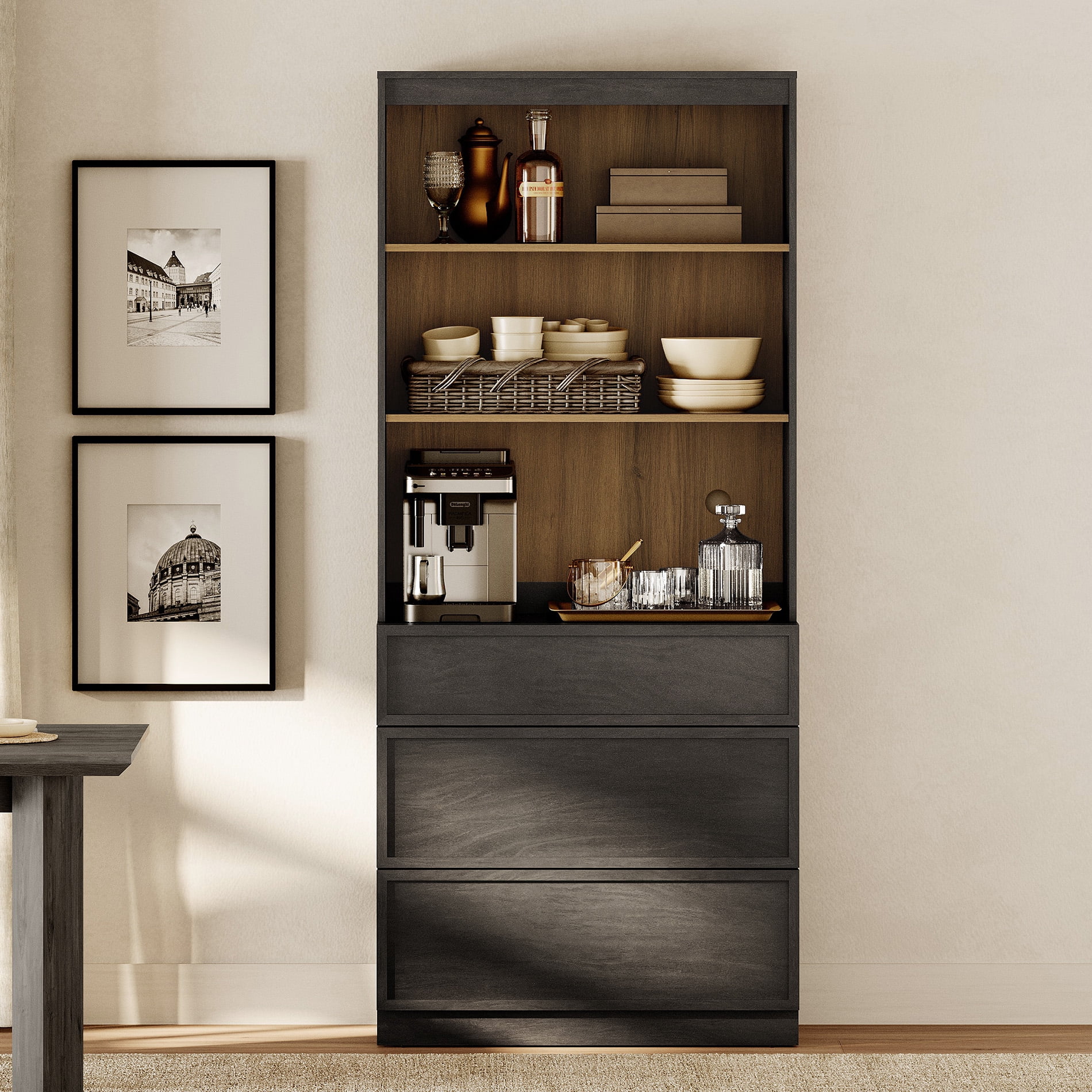 Modern 72" Tall 31.5" Wide Wood Sideboard Buffet with 3 Drawers & Open Shelves for Dining Kitchen,Black