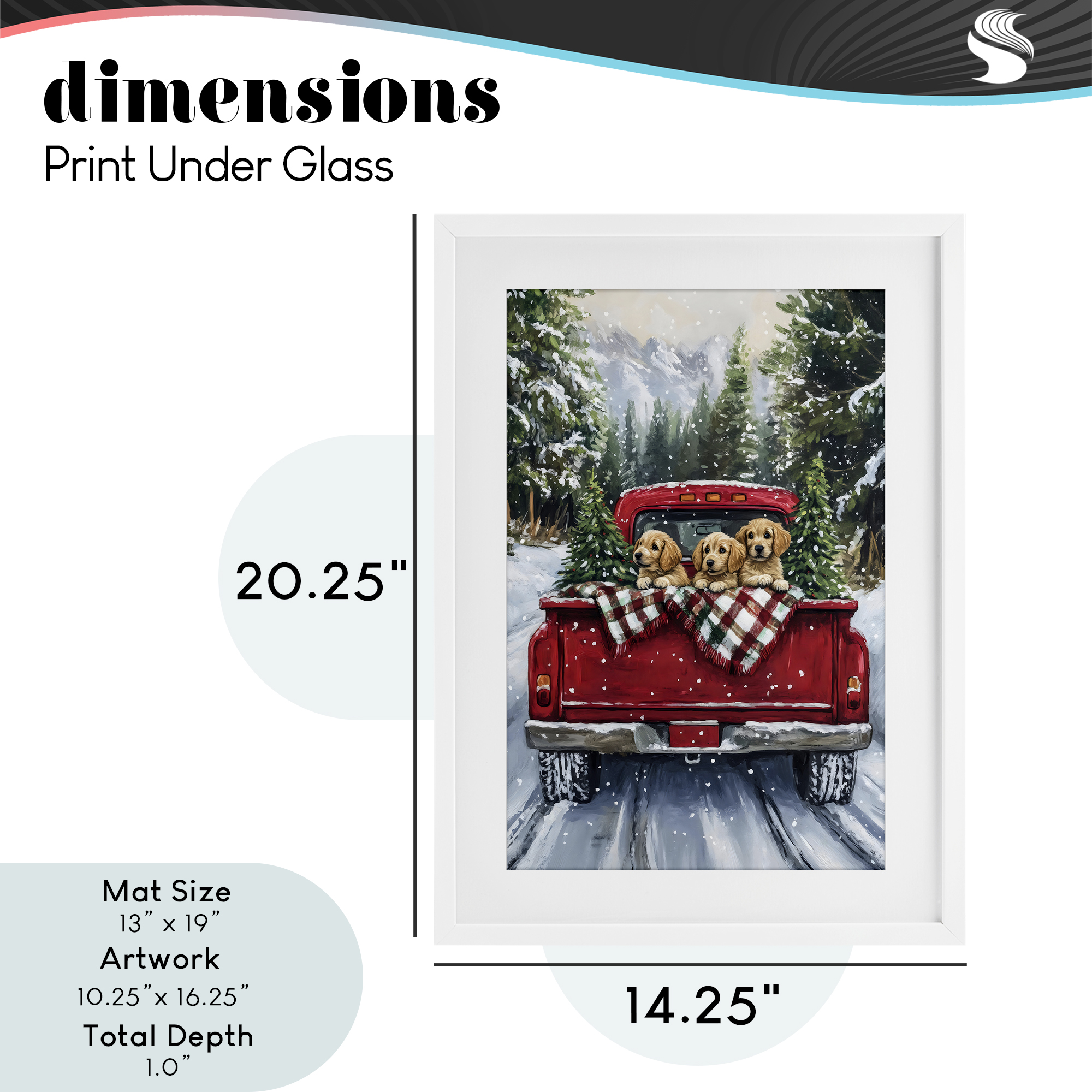 Golden Pups Christmas Truck White Framed Print Under Glass, design by Petal Prints Design