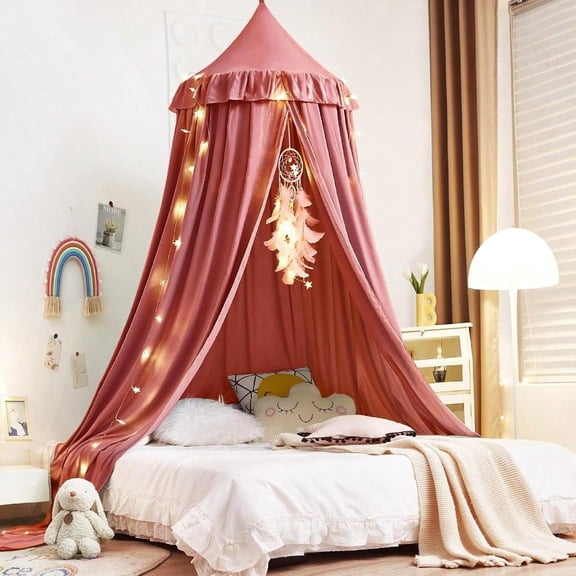 Kertnic Decor Canopy for Bed Soft Smooth Playing Tent Canopy Girls Room Decoration Princ Castle Dreamy Mosquito Net Bedding Reading Nook Canopies in Home Red Bean Color