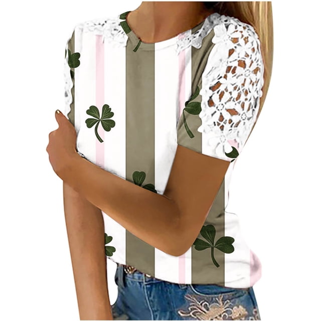 Camisas de Manga Corta para las Mujeres Impresión Cuello Redondo Suéter Encaje Blusa, Top Casual para el Hogar Y Diario