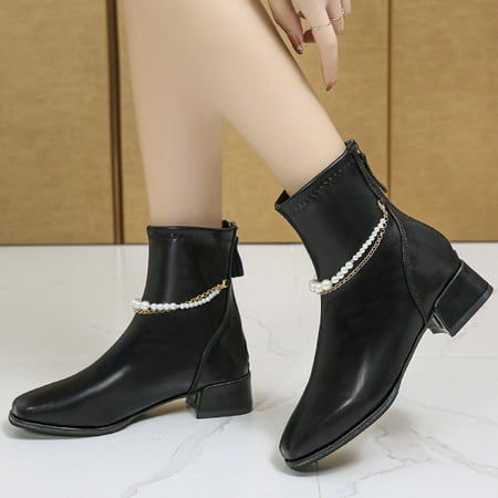 

Babysbule Womens Winter Boots ShoesWomen s Low Drum Metal Pearl Chain Thick High Heel High Warm Zipper Flat Head Knight