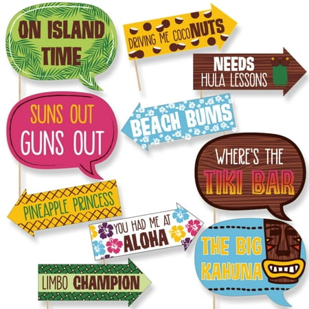 Funny Tiki Luau - Tropical Hawaiian Summer Party Photo Booth Props Kit - 10 Piece