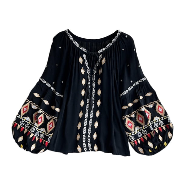 Blusa bordada con mangas globo para mujer, camisa étnica para viajes, fiestas y compras. Negro