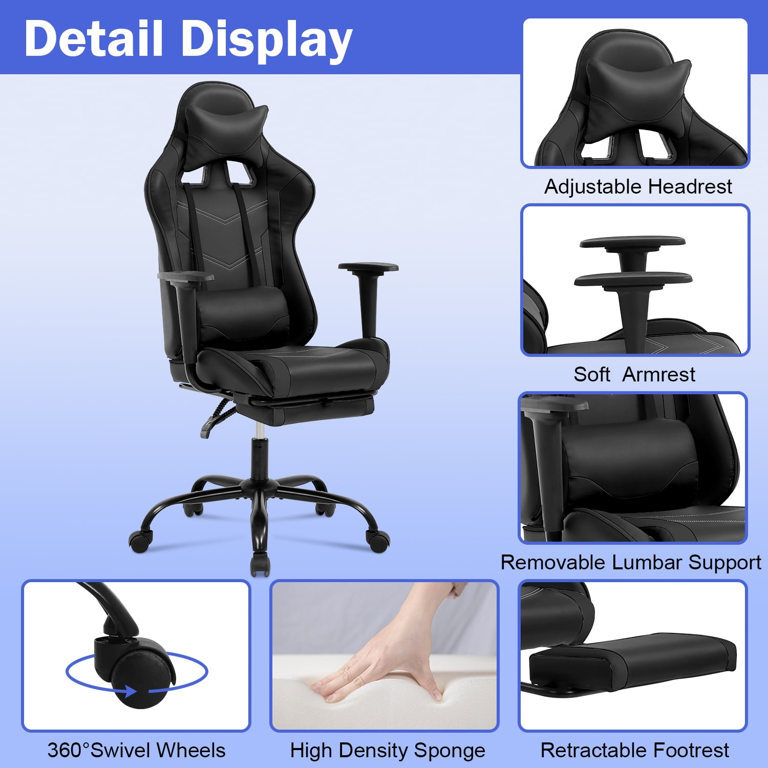NiamVelo Gaming Chair with Footrest, Racing Style Gamer Chair for Adults&Teen, High Back Reclining Game Chair with Headrest and Lumbar Support, Computer Chair Desk Chair 250lb Capacity （Black）