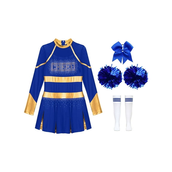 ranrann 4pcs Kids Girls Rhinestone Long Sleeve Cheerleading Dance Dress and Pom Pom for Party A Blue 6