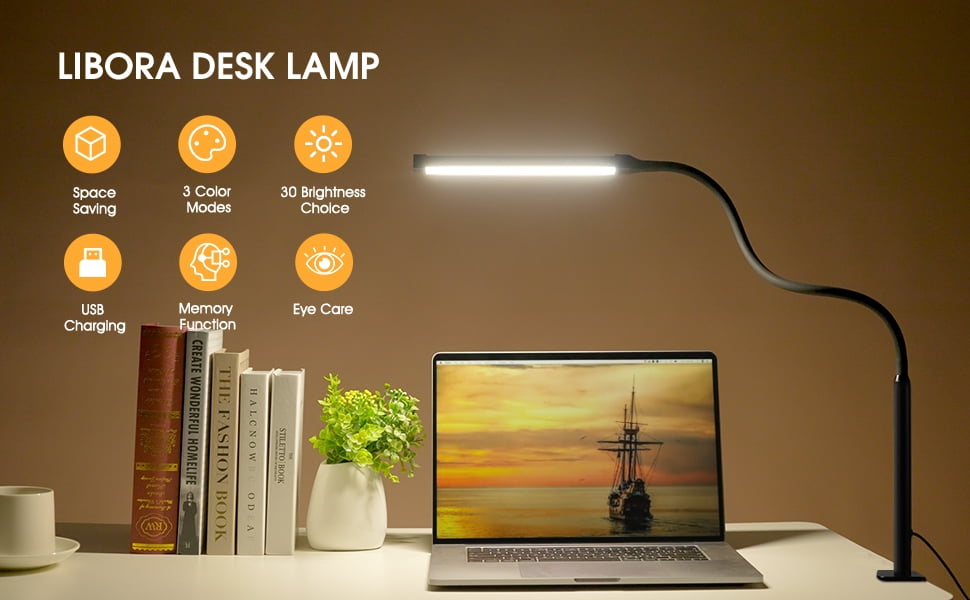 Senya LED Desk lamp with Clamp, Eye-caring Clip on Lights for Home Office, 3 Modes 10 Brightness, Long Flexible Gooseneck,Metal, Swing Arm Architect Task Table Lamps with USB Adapter, Black