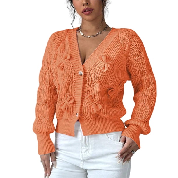 Cárdigan de Crochet para Mujer, Cuello en V, Larga, Botones Decorados, Suéter de Punto, Tops Naranja L