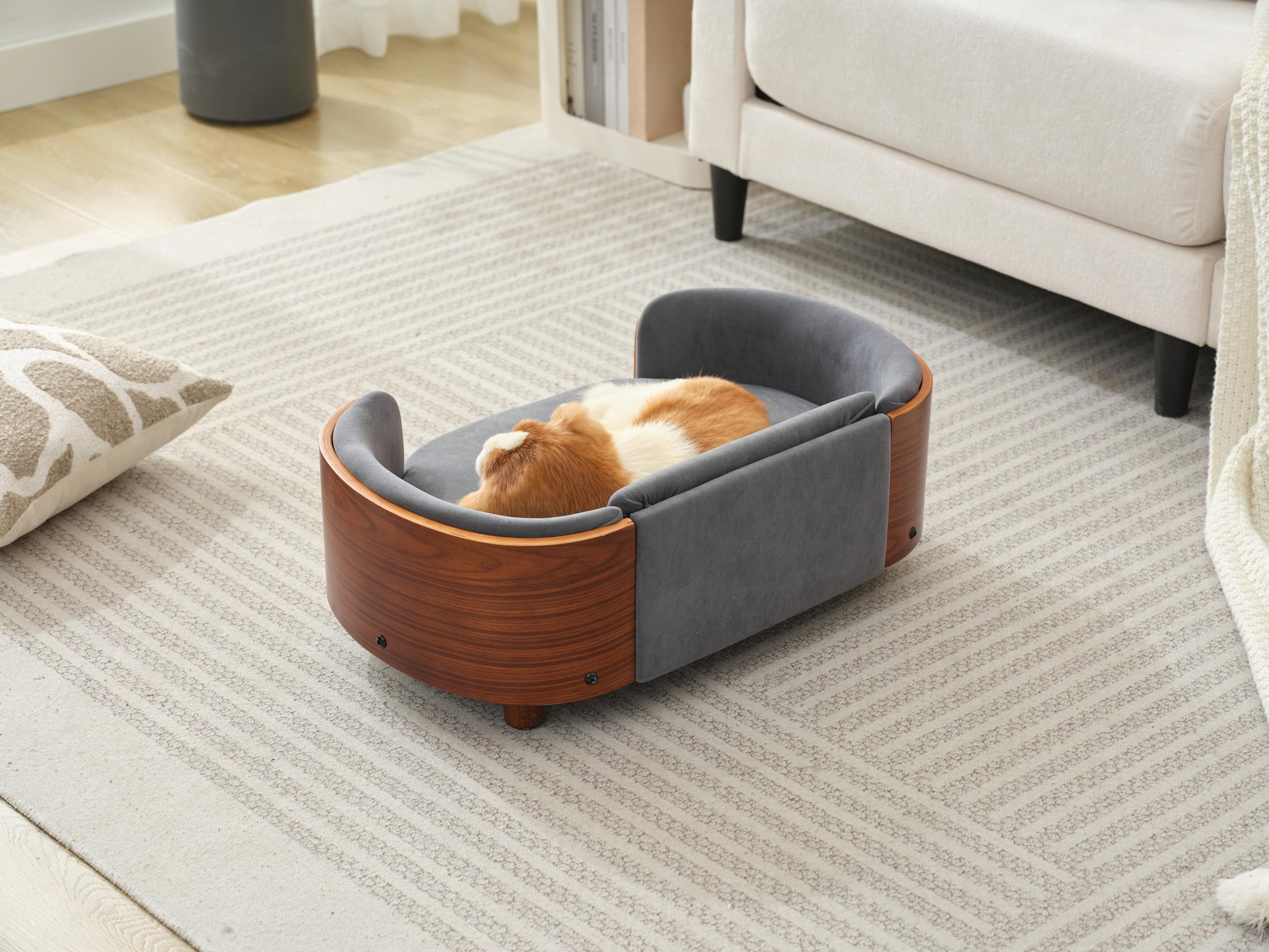 Scandinavian Style Elevated Dog Bed Pet Sofa with Solid Wood Legs and Bent Wood Back, Velvet Cushion, Small Size, Walnut Frame & Dark Grey Cushion