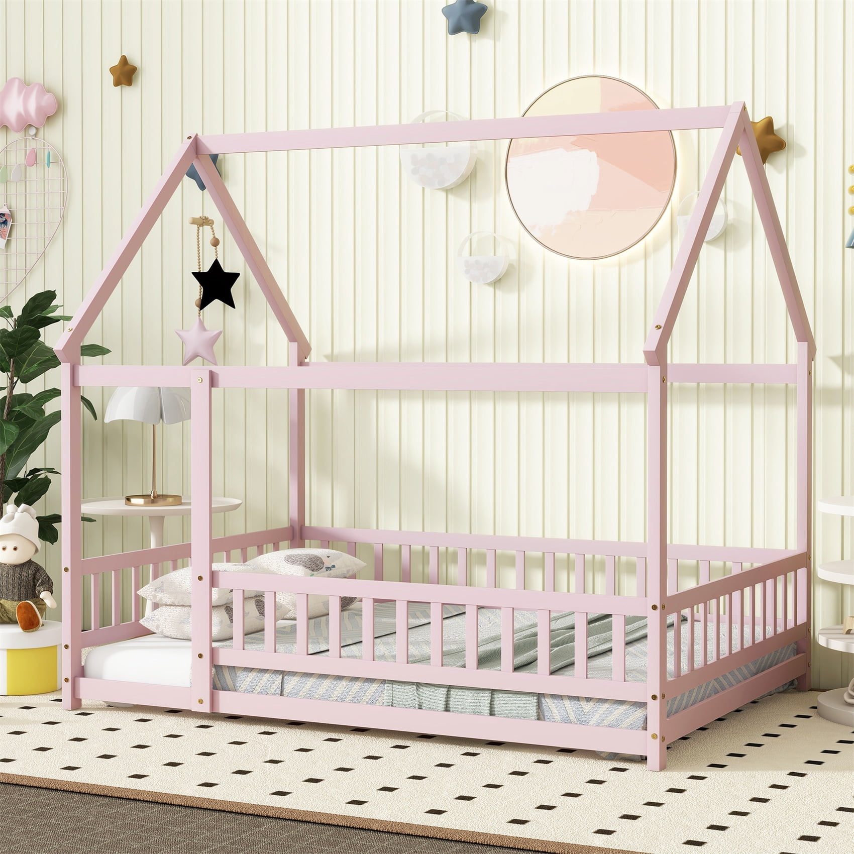 Alvantor Full Size Floor House Bed for Toddler, Solid Wood Bed Frame with Guardrails Pink