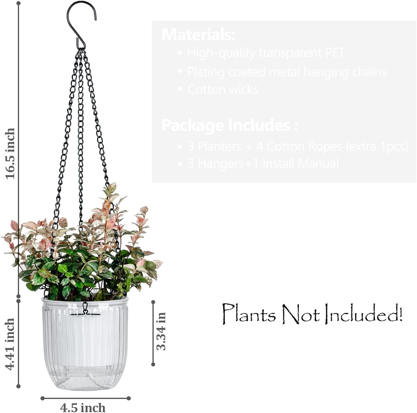 3 Pack Small Hanging Planters Garden Self-Watering Flower Plant Pot, Hanging Planters for Indoor Plants Container Succulent Planter Pots with Hook Chains Drainage Hole（Green,Clear,Gray)