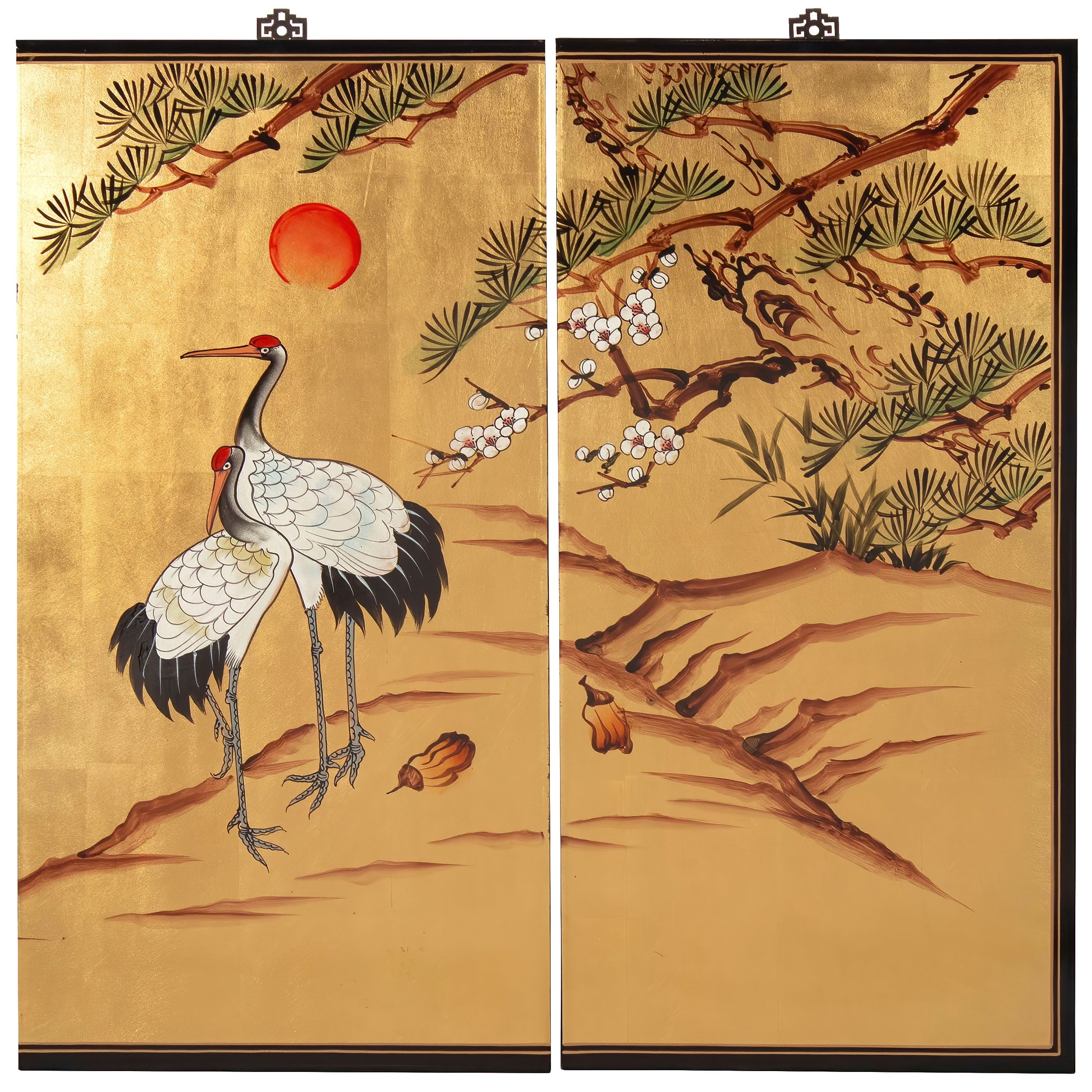 Oriental Furniture Gold Lacquer Wall Plaque - Cranes