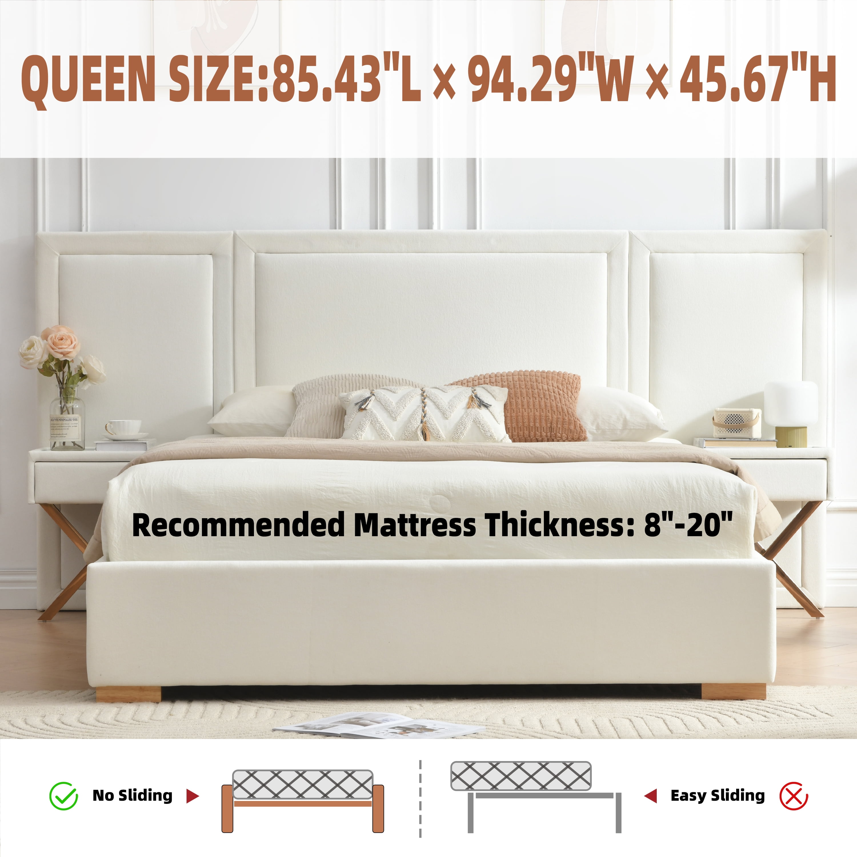 Queen Size Upholstered Platform Bed Frame, Bed Frame with Storage, Velvet Headboard with Built-in Nightstands & Drawers, No Box Spring Needed, Wooden Slats Support, Noise-Free, Easy Assembly, White