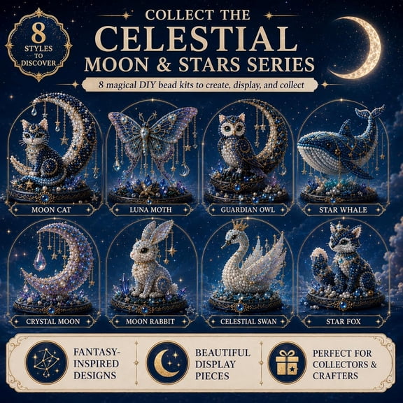 Moon Cat Luna Guardian DIY Bead Kit, 3D Beaded Celestial Moon & Stars Series DIY Kit, Tiny 3D Beaded Moons Cat Luna Guardian Craft Kit, Handmade Magical Cat Kit for Beginner, Home Decor
