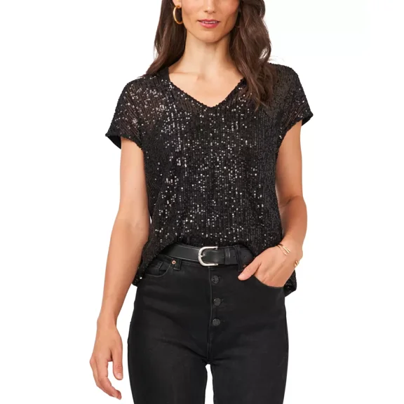 Vince Camuto Womens V-Neck Sequin Top, Black