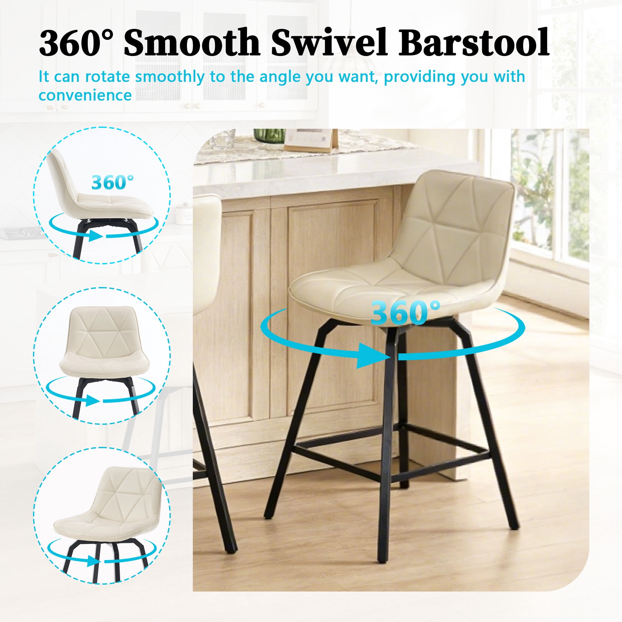 ClinQ 26 inch Swivel Counter Height Bar Stool Set of 3, Faux Leather Seat with Metal Legs and Back, White