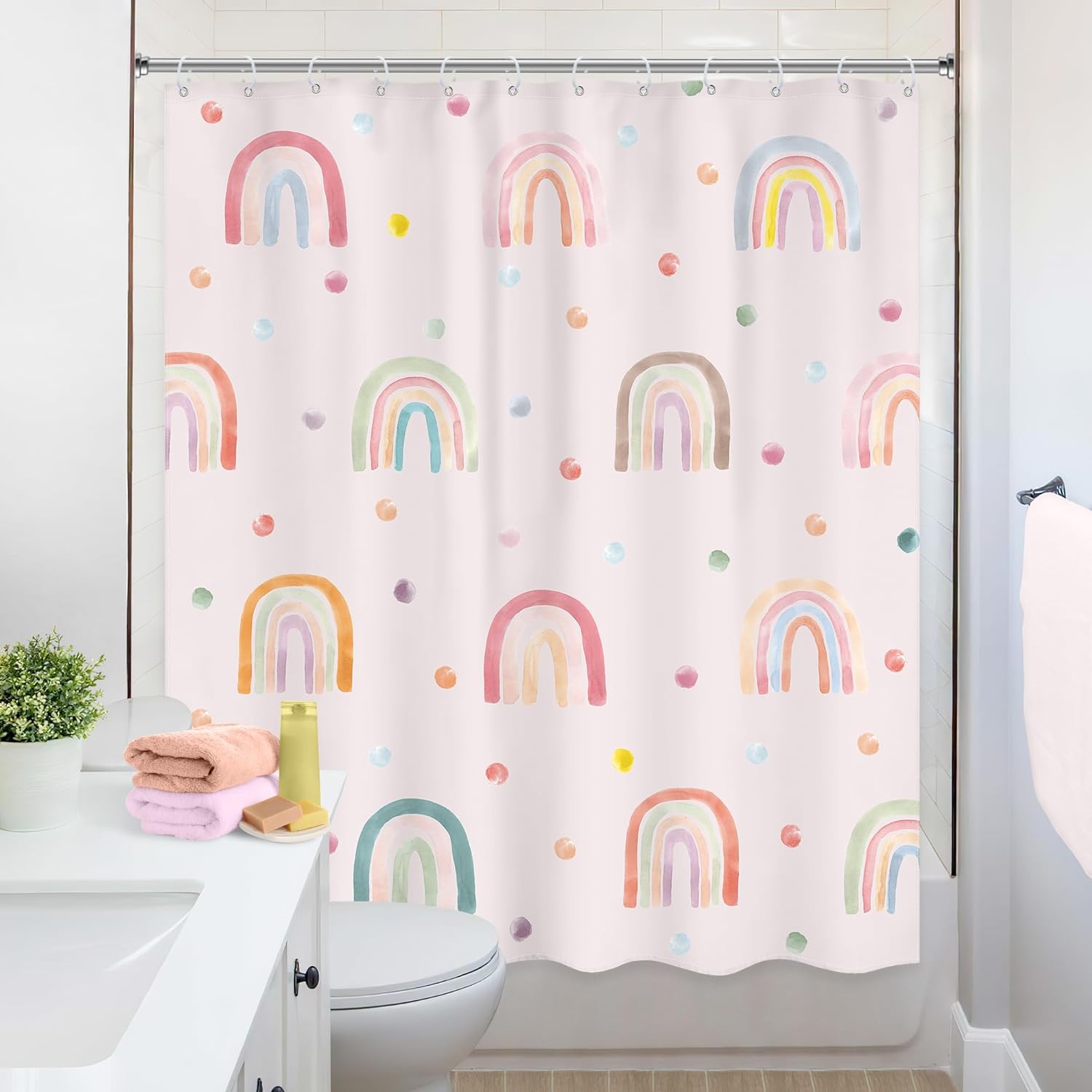 Girls Boho Rainbow Shower Curtain 72Wx72L Inch Kids Pink Polka Dots Cartoon Cute Watercolor Aesthetic Colorful Shower Curtain Bathroom Set Pretty Bath Curtain Bathtub Accessories Home Decor