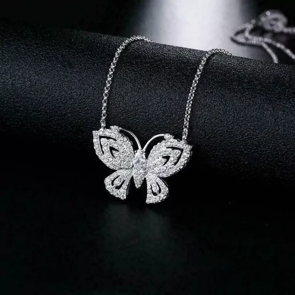 Gorgeous 1.30Ct Round Cut Moissanite Butterfly Pendant In 14k White Gold Plated