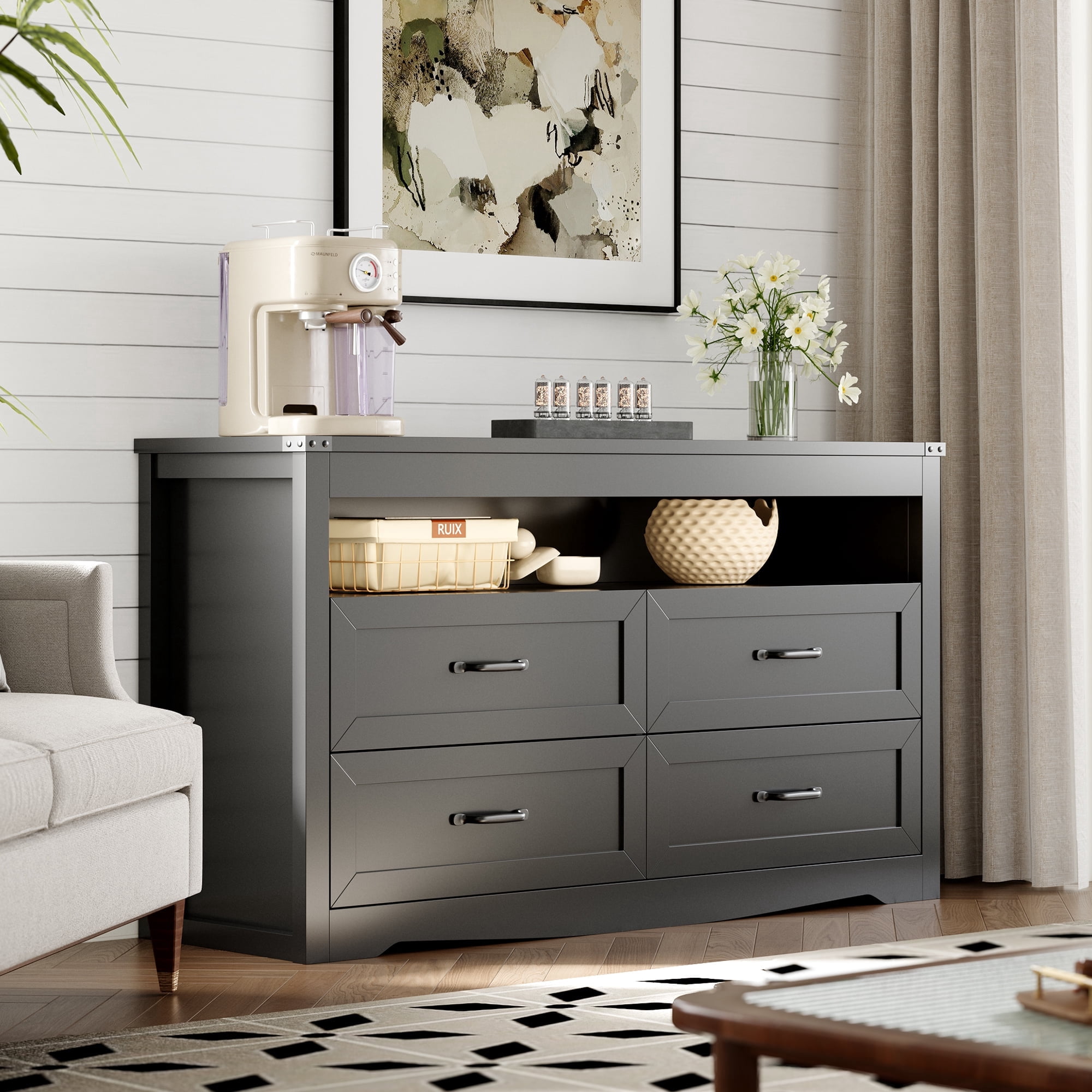 FANRAL 4 Drawers Dresser & Open Shelf for Bedroom,Modern Wooden Chest of Drawers with LED Light,Storage Organizer Dresser for Closet,Black Dresser