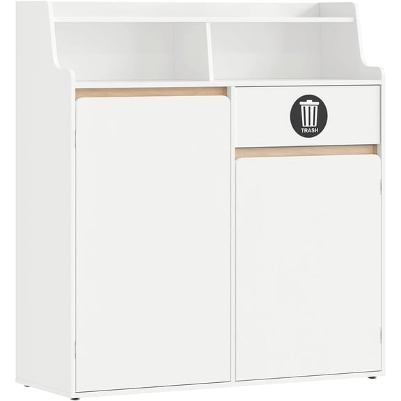 HOOBRO Double Trash Cabinet, 20 Gallon Freestanding Trash Can Cabinet, Removable Shelf & Anti-Tip Kit, Freestanding Kitchen Trash Storage Cabinet, White and Natural WN05LJ01