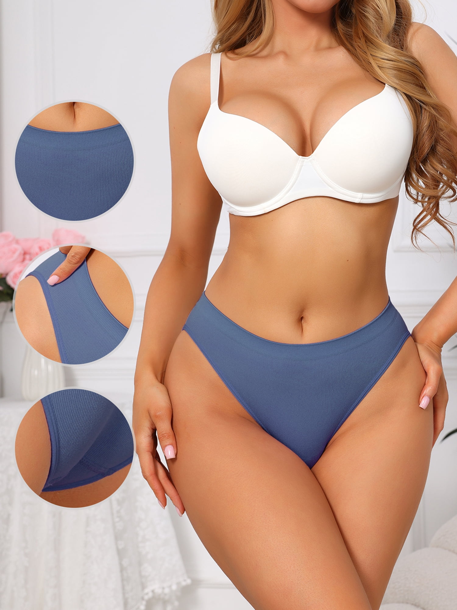 DARING DIVA Women's Mid Waisted Ribbed Bikini High Cut Panties Medium Blue