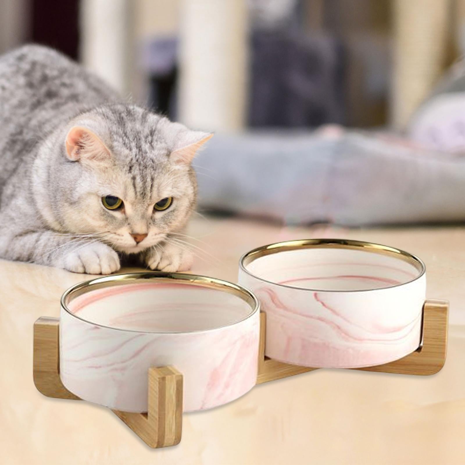 cat and dog Bowl Dish with Wood Stand Drinking Eating Feeding Bowl Food Container Cat Elevated Feeder Pet Bowl Cat Food Bowl Double Bowl