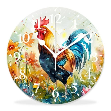12 Inch Wall Clock Battery Operated Silent Clock Decorative for Office, Kitchen, Outdoor, Living Room,Farm Bird Rooster Flower Watercolor Creative