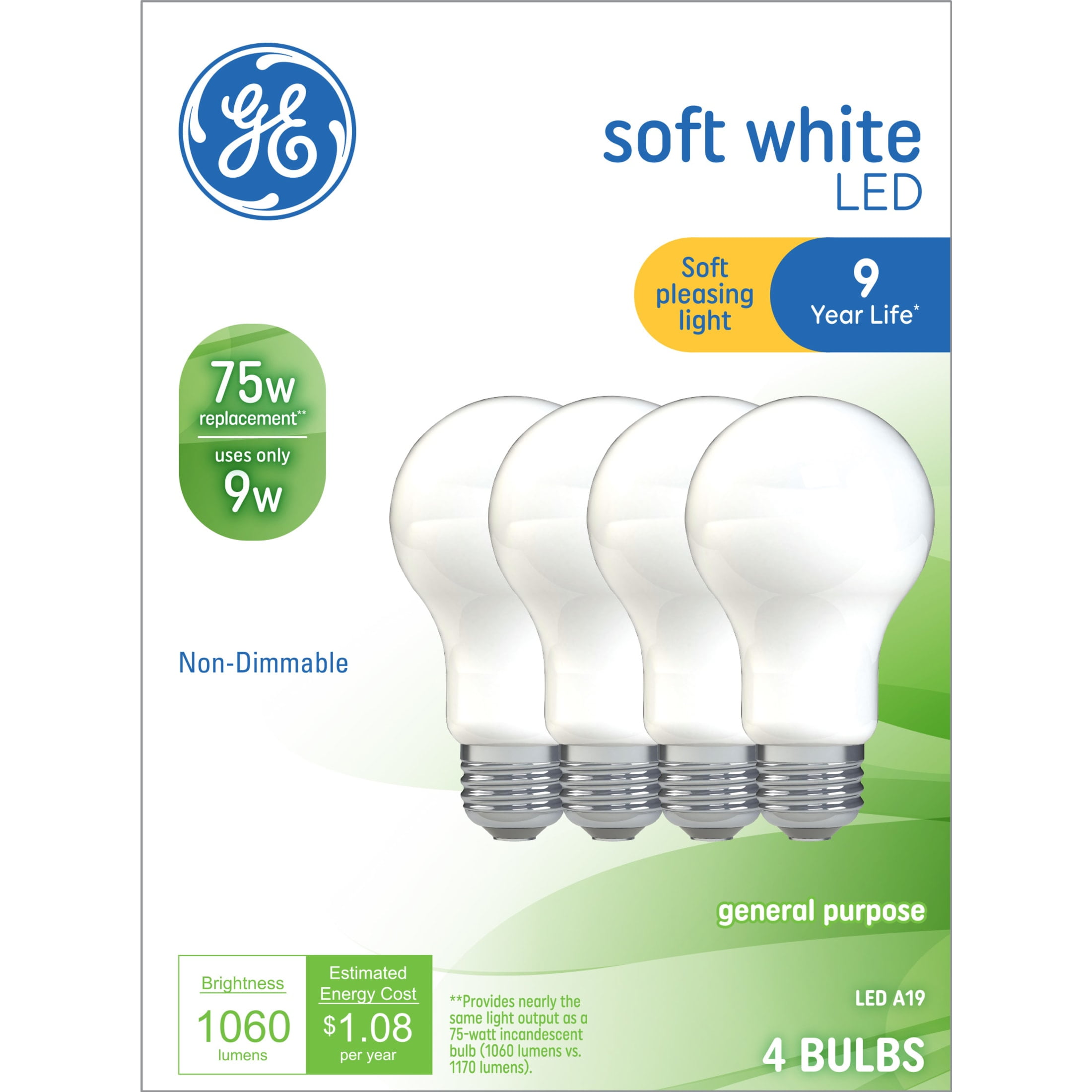 (4 pack) GE LED Light Bulbs, 75 Watt, Soft White, A19 Bulbs, Medium Base, Frosted Finish, 9yr, 4pk