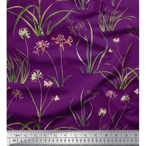 Soimoi Purple Velvet Fabric Grass,Wildflower & Floral Print Fabric by the Yard 58 Inch Wide