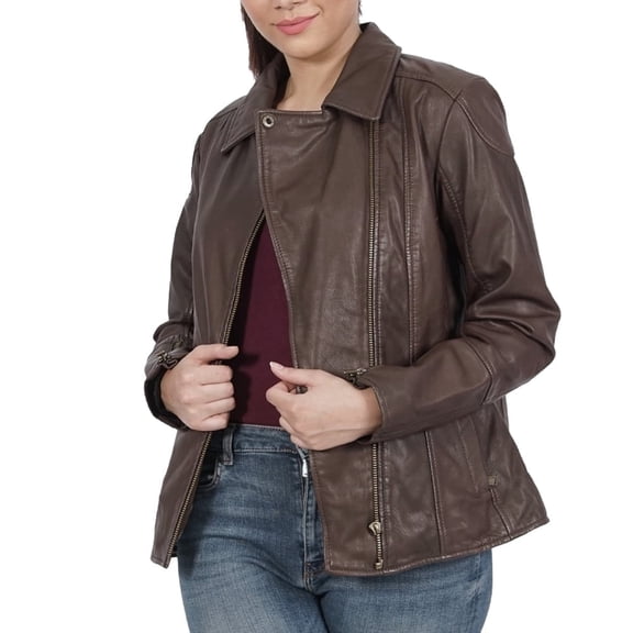 Boston Harbour Kiara Biker Womens Leather Jacket - Zipper Brown Ladies Leather Jacket