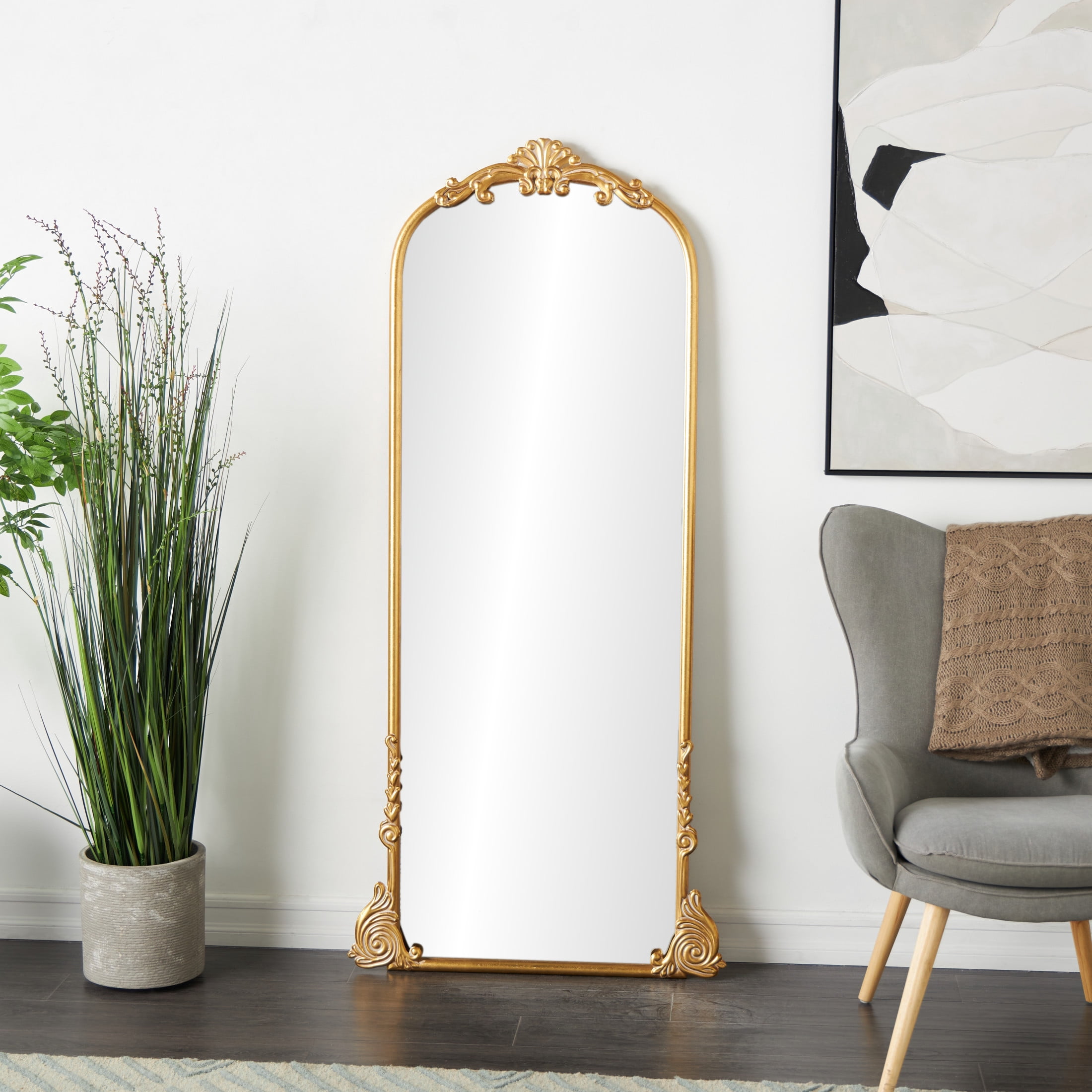 DecMode 30" x 66" Gold Metal Scroll Tall Ornate Arched Baroque Floor Mirror