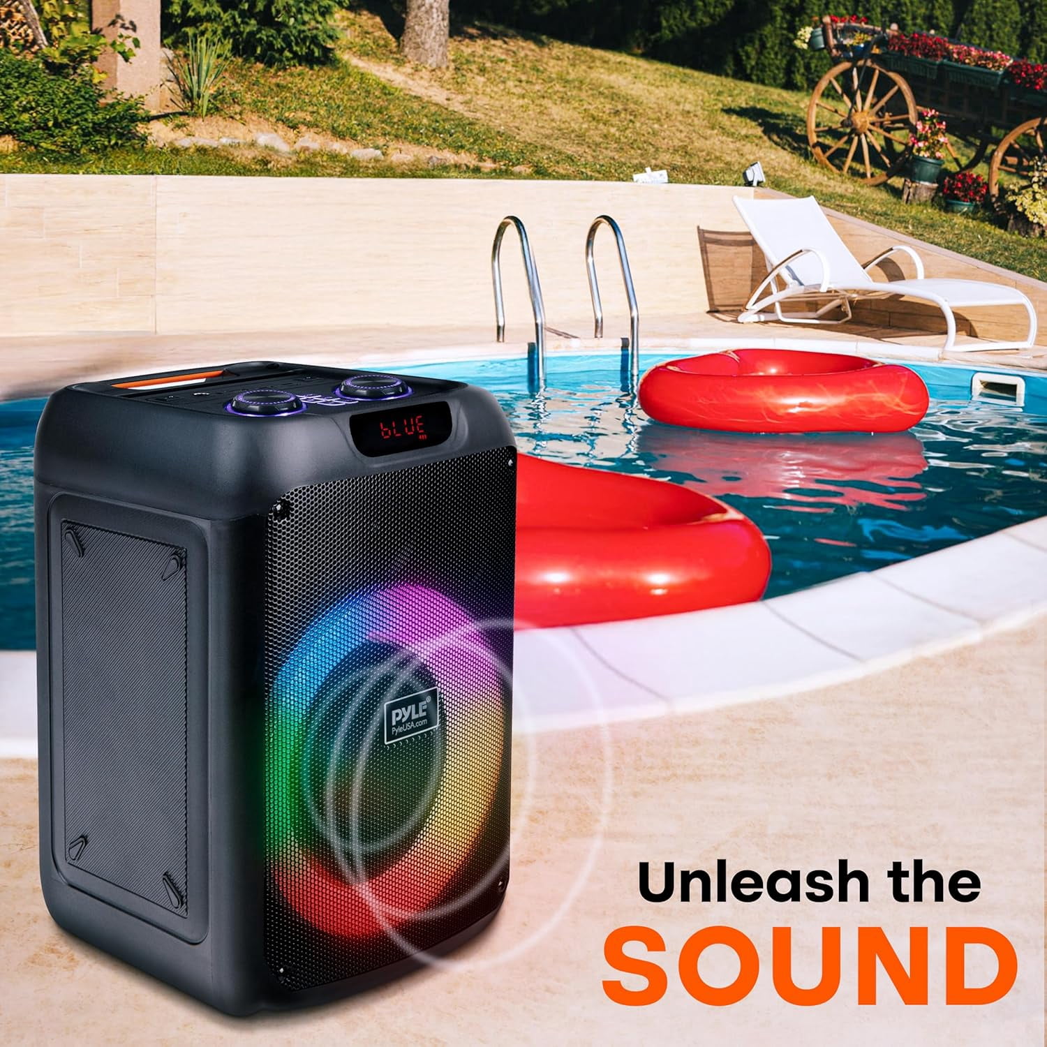 Pyle Portable Bluetooth Party Speaker, 8" Woofer, TWS, 100W, Rechargeable, Mic Input, Echo, Bass/Treble Control, USB/SD/BT/FM, LED Lights, Indoor/Outdoor