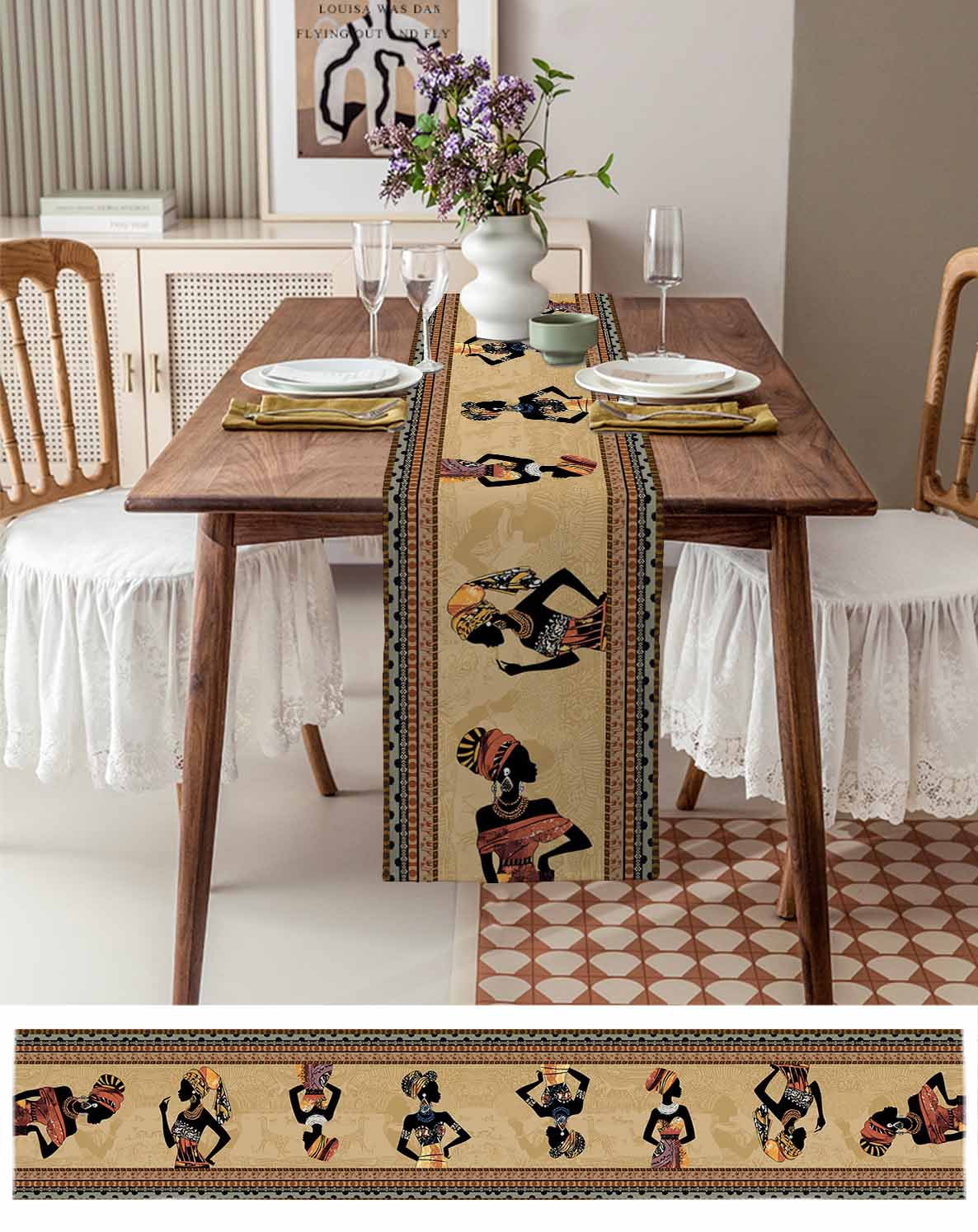 African Black Women Table Runner 72 Inches, Boho Ethnic Tribe Vintage Brown Bed Runner Dresser Scarves Tabletop for Indoor Outdoor Parties/Ceremony/Banquet, 16" x 72"