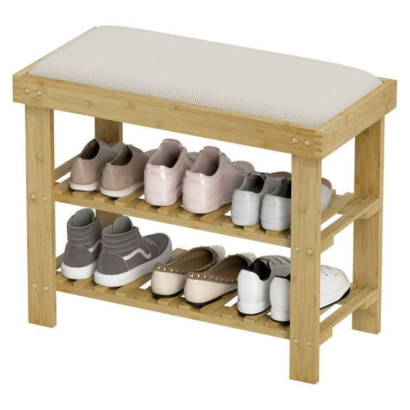 KWUXIN Bamboo 3-Tier Shoe Storage Bench with Cushion, Shoe Organizer for Entryway Hallway, Cream White