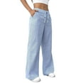 thumbnail image 3 of Women'S Striped Wide Leg Lounge Wear Pants Elastic Waist High Waisted Trousers with Pockets Sky Blue M, 3 of 9