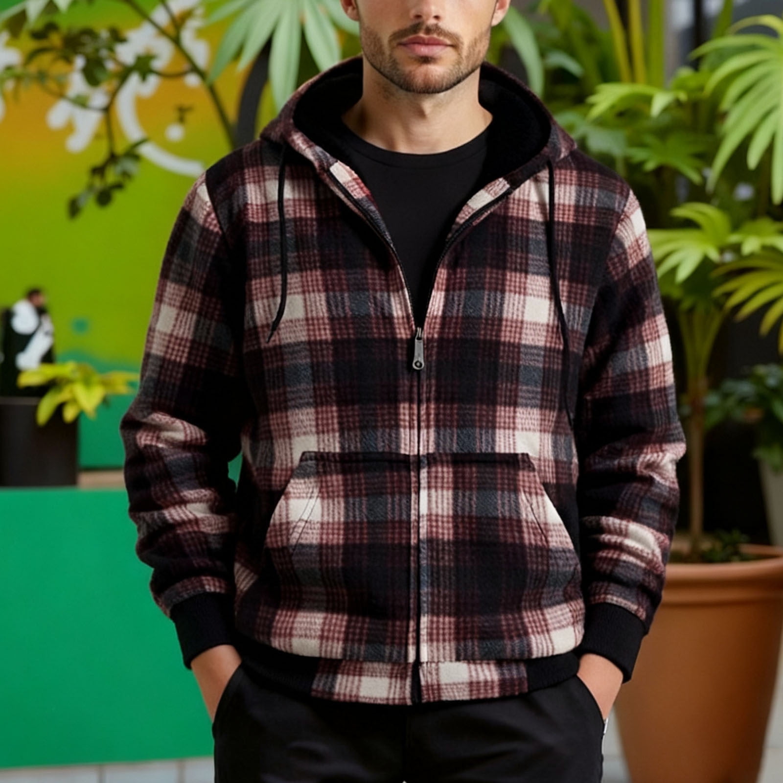 Xcmzpl Men's Full Zip Sherpa Lined Flannel Jacket Fleece Hooded Plaid Jacket with Hood for Men Warm Thicken Shacket Jacket Outwear with Pocket