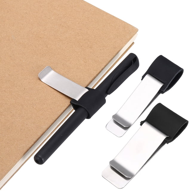Uxcell 2Pcs Asas para bolígrafo para cuadernos, soporte de lápiz de cuero retro de latón, clip para bolígrafo para cuadernos, carpetas, oficina, viajeros, diarios, planificadores, negro/plata