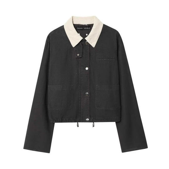 HOWPAY Womens Barn Jacket Oversized Lapel Collar Button down Long Sleeve Trench Coat Vintage Solid Color Casual Outerwear Fall Winter Clothes Black L