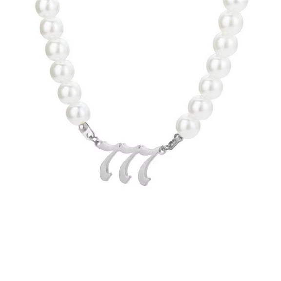 PAMTIER Stainless Steel Simple Angel Number Pendant Necklace Pearls Collarbone Chain for Women Silver 777